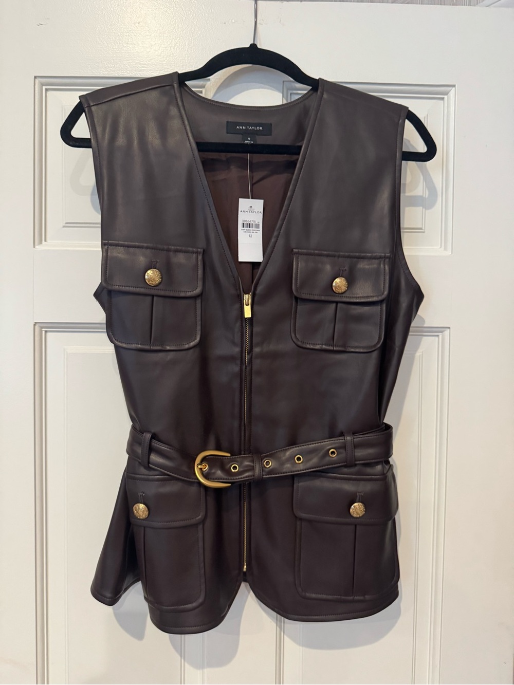Ann Taylor Dark Brown Faux Leather Utility Vest with Belted Waist
